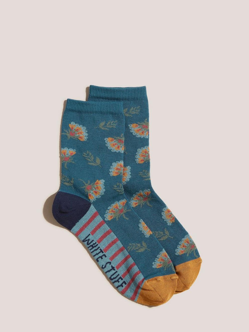 Floral Fan Sock in TEAL MLT - FLAT FRONT