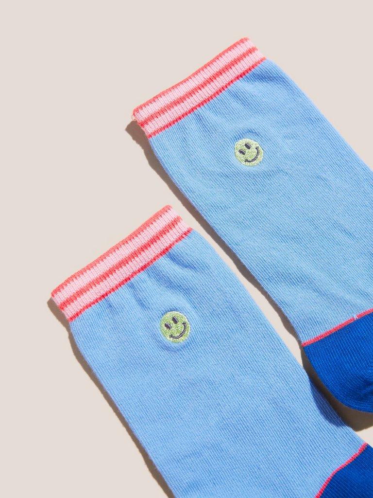 Embroidered Smiley Sock in MID BLUE - FLAT DETAIL