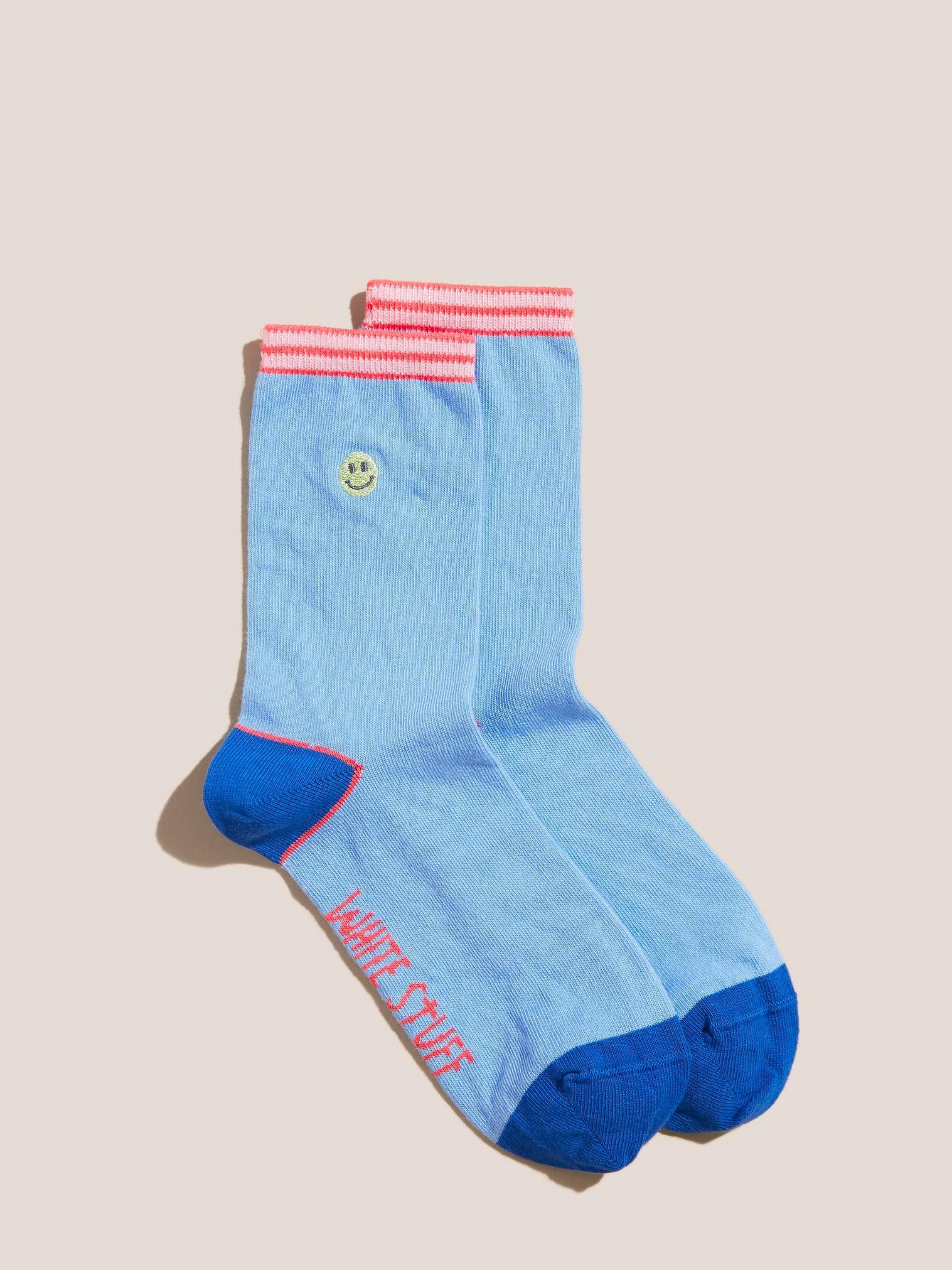 Embroidered Smiley Sock in MID BLUE - FLAT FRONT