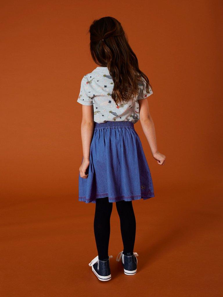 Girls Nora Denim Skirt in MID DENIM - MODEL BACK