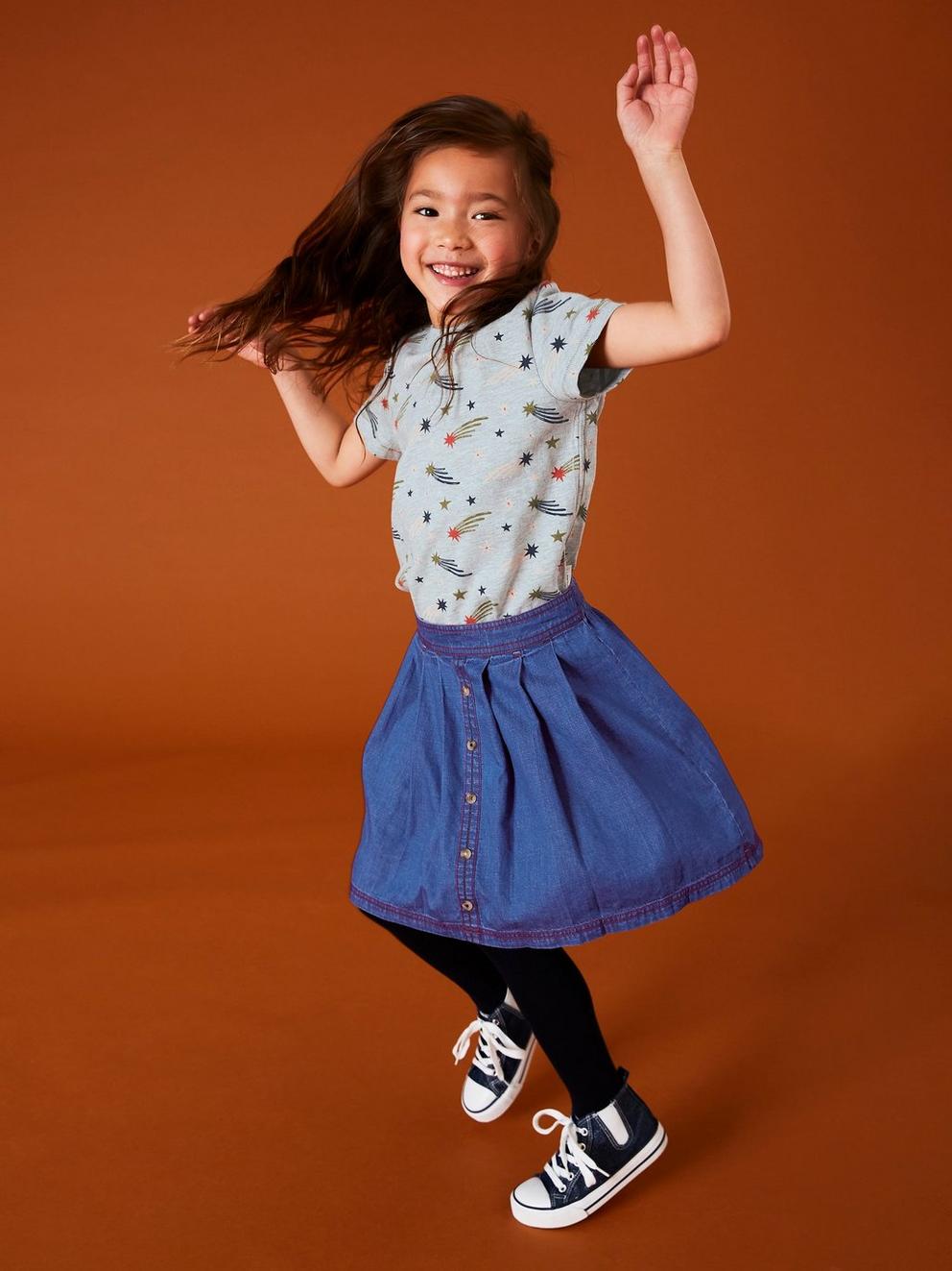 Girls Nora Denim Skirt in MID DENIM - MODEL DETAIL