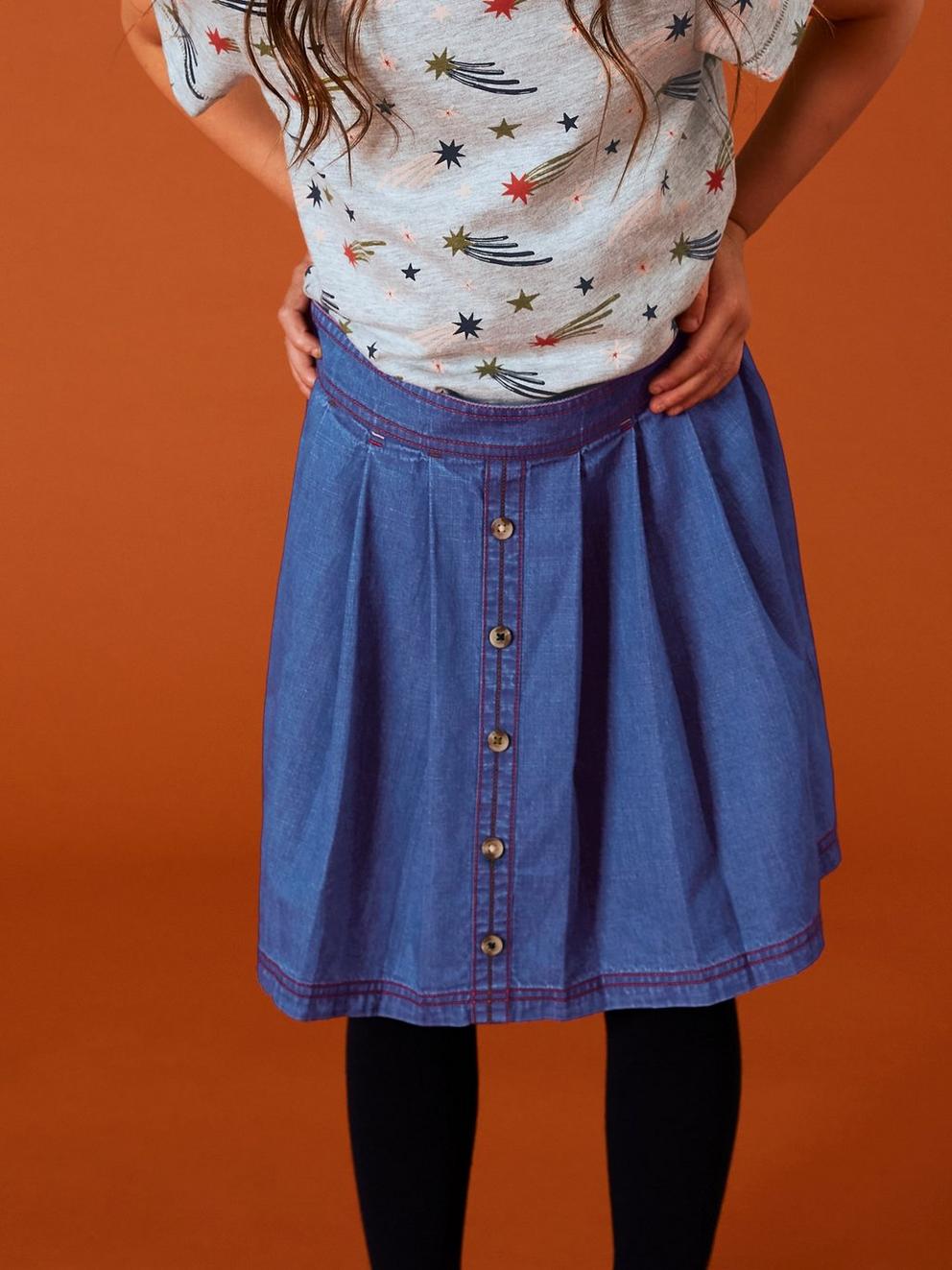 Girls Nora Denim Skirt in MID DENIM - MODEL FRONT
