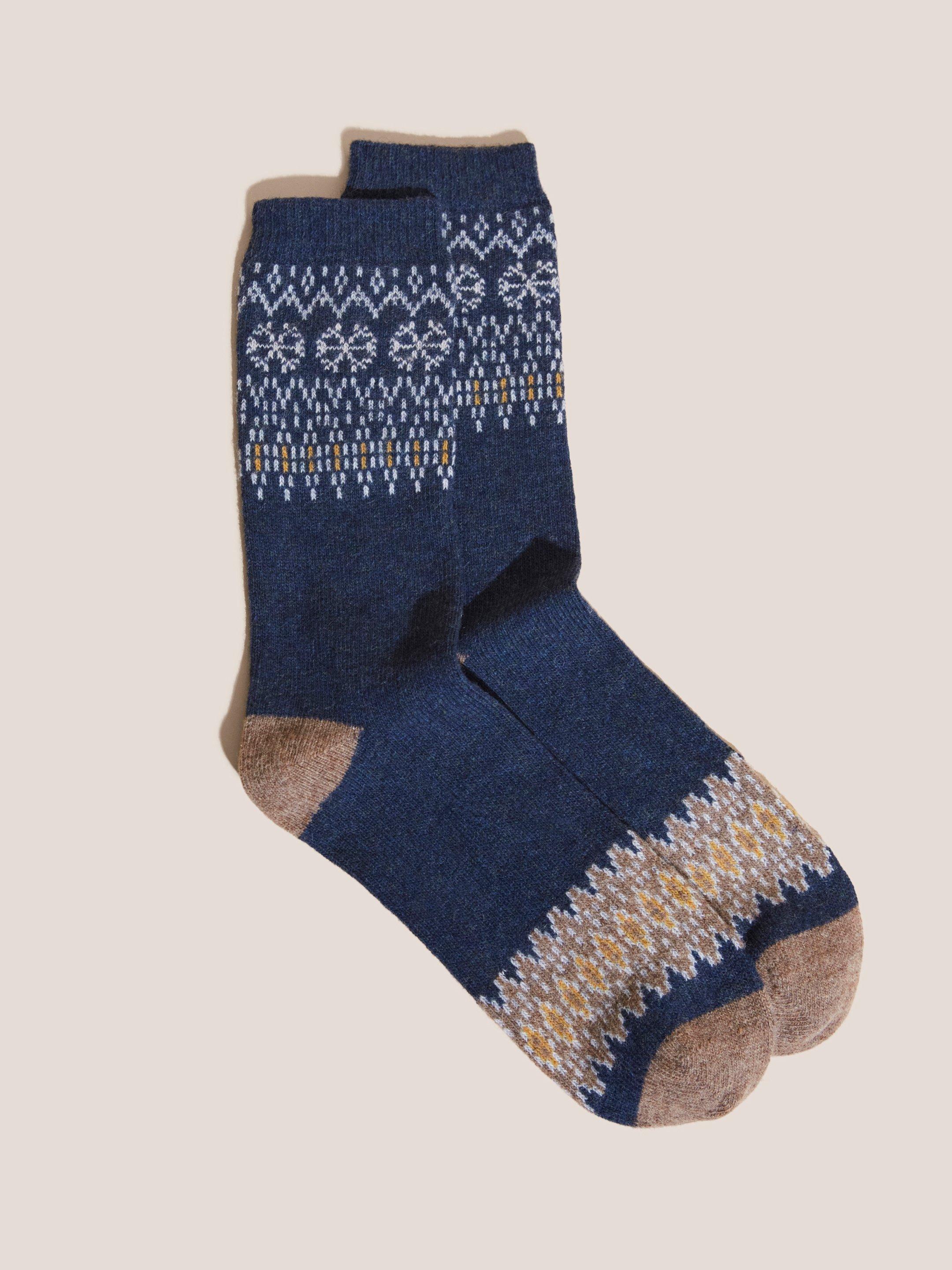Fairisle Loopback Socks in NAVY MULTI - FLAT FRONT