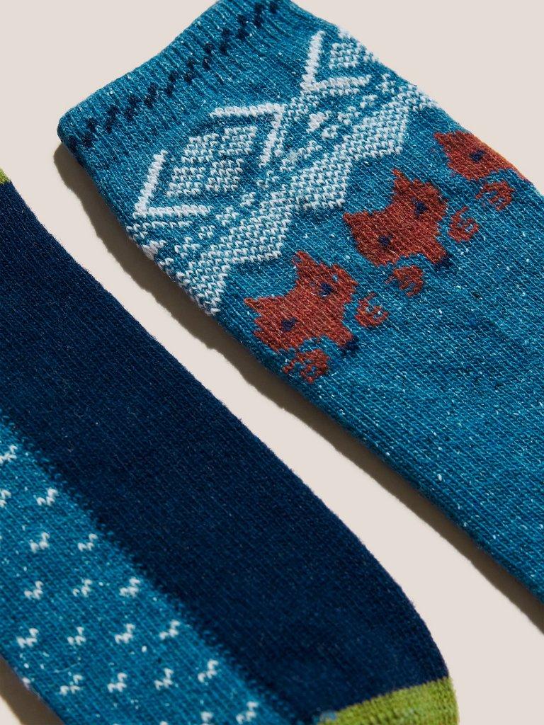 Fox Fairisle Cabin Socks in BLUE MLT - FLAT DETAIL