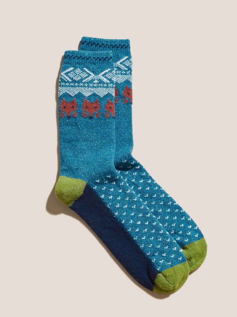 Fox Fairisle Cabin Socks in BLUE MLT - FLAT FRONT