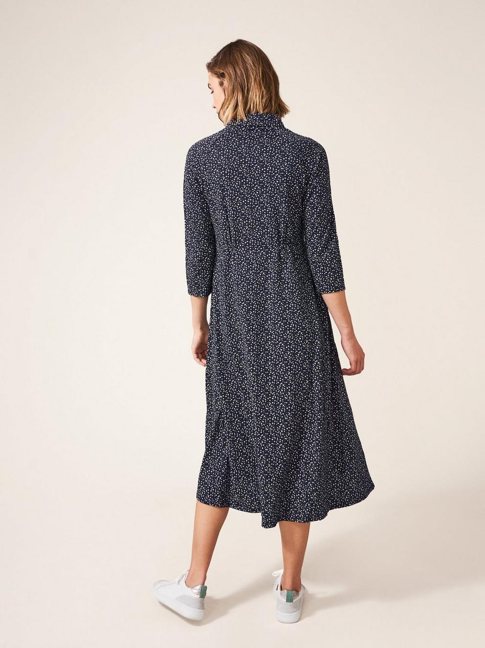 Carmen Jersey Shirt Dress in NAVY MULTI - MODEL BACK