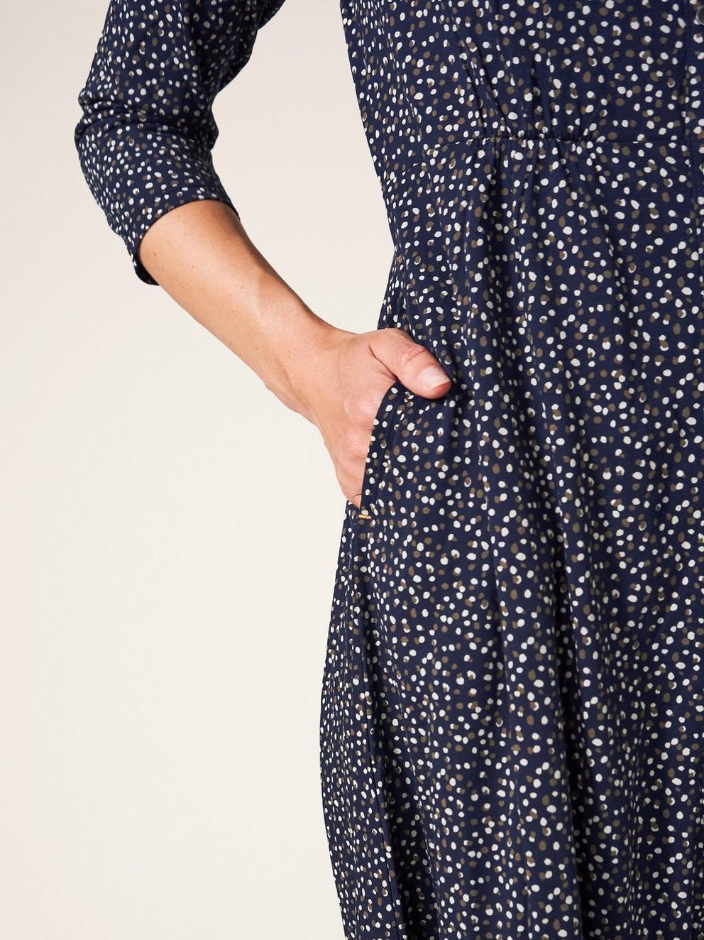 Carmen Jersey Shirt Dress in NAVY MULTI - MODEL DETAIL