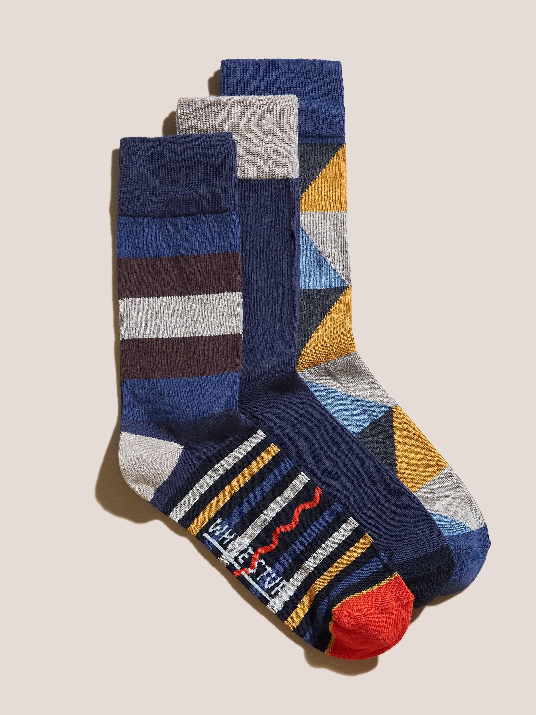 3 Pack Geo Cotton Socks in BLUE MLT - FLAT FRONT