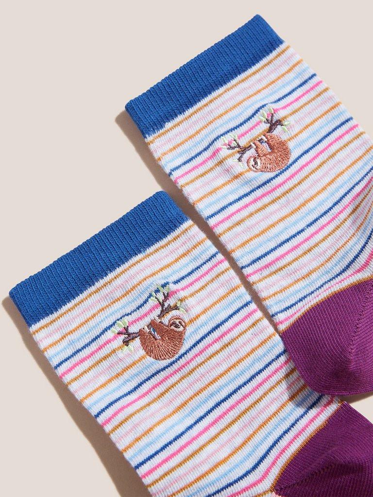 Embroidered Sloth Socks in BLUE MLT - FLAT DETAIL