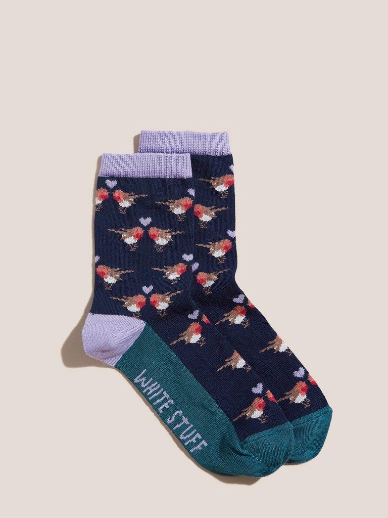 Kissing Robins Sock in NAVY MULTI - FLAT FRONT