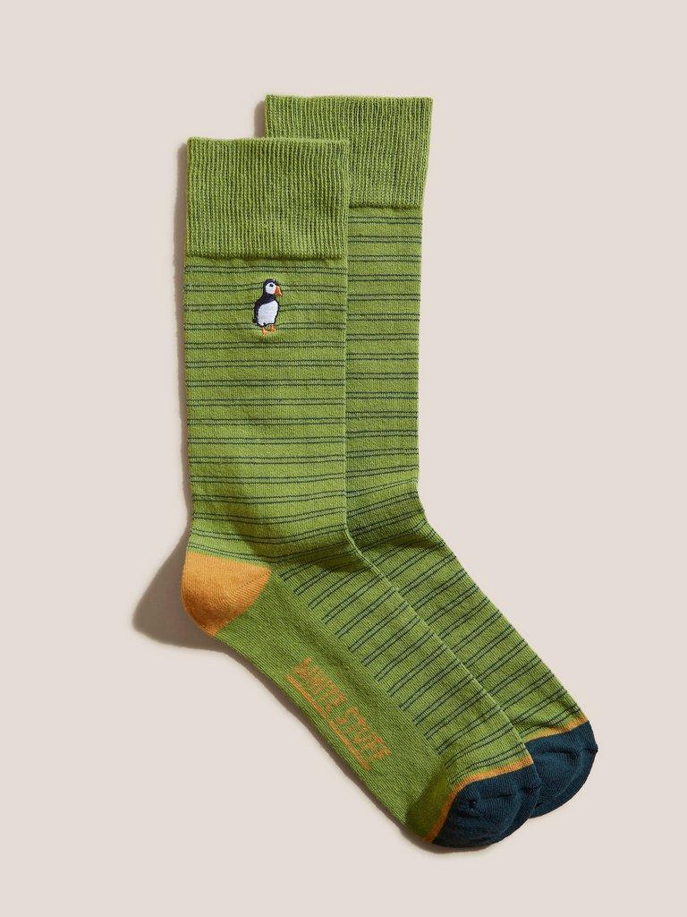 Puffin Embroidered Socks in MID GREEN - FLAT FRONT