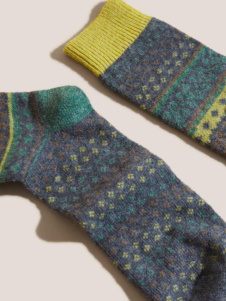 Fairisle Wool Mix Boot Socks in CHARC GREY - FLAT DETAIL