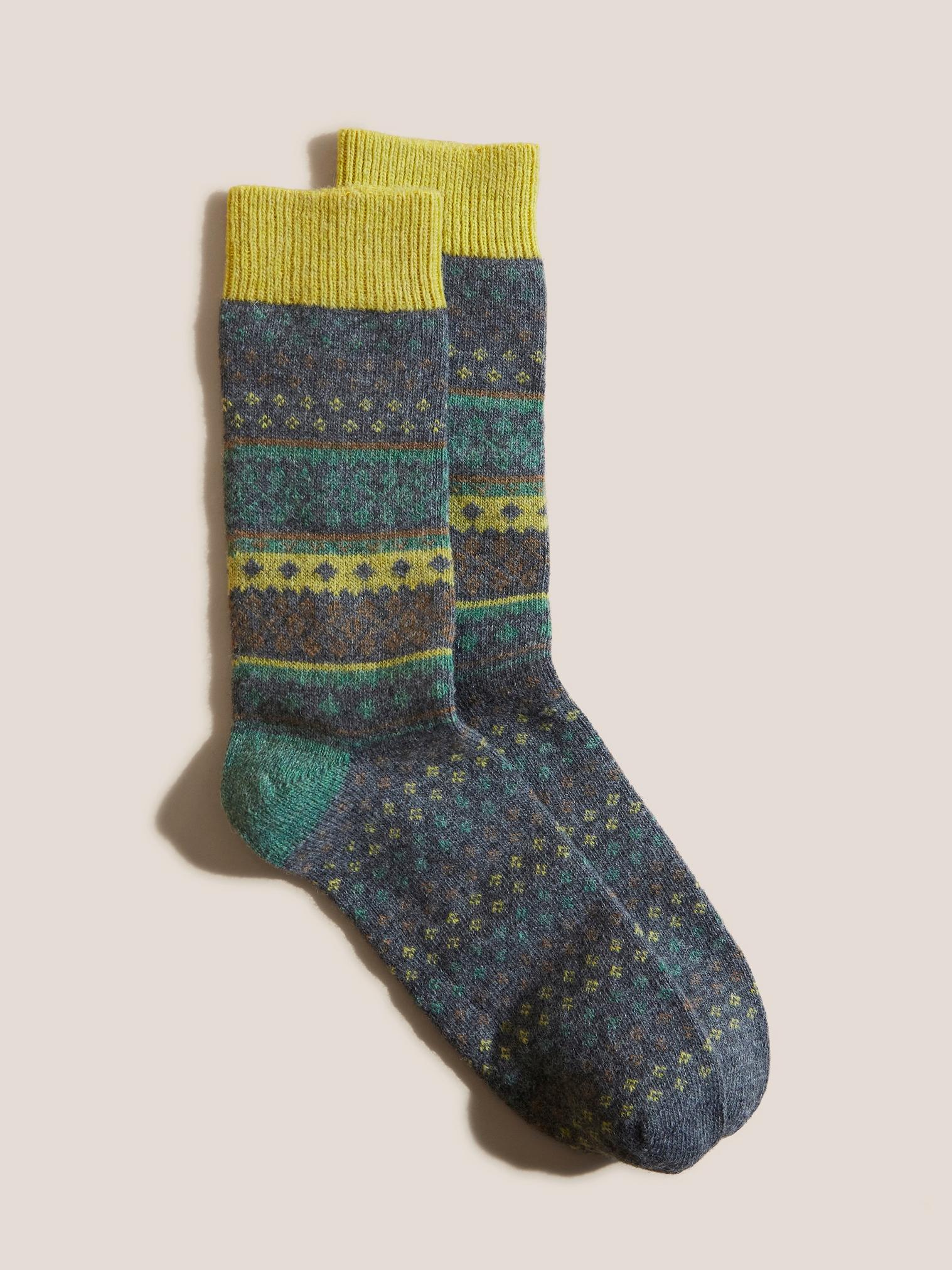 Fairisle Wool Mix Boot Socks in CHARC GREY - FLAT FRONT