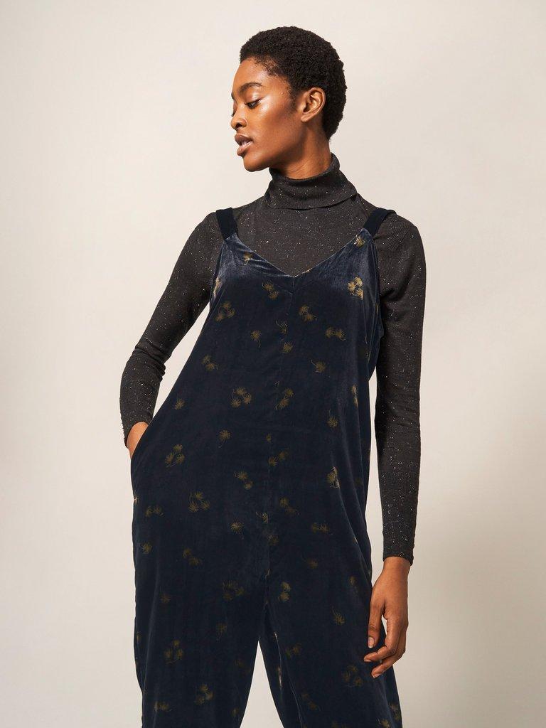 Belle Velvet Jumpsuit in BLK MLT - MODEL FRONT