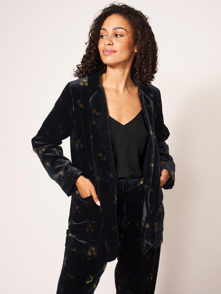 Belle Velvet Blazer in BLK MLT - MODEL FRONT