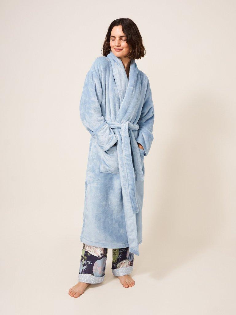 Clover Cosy Robe in MID BLUE - MODEL FRONT