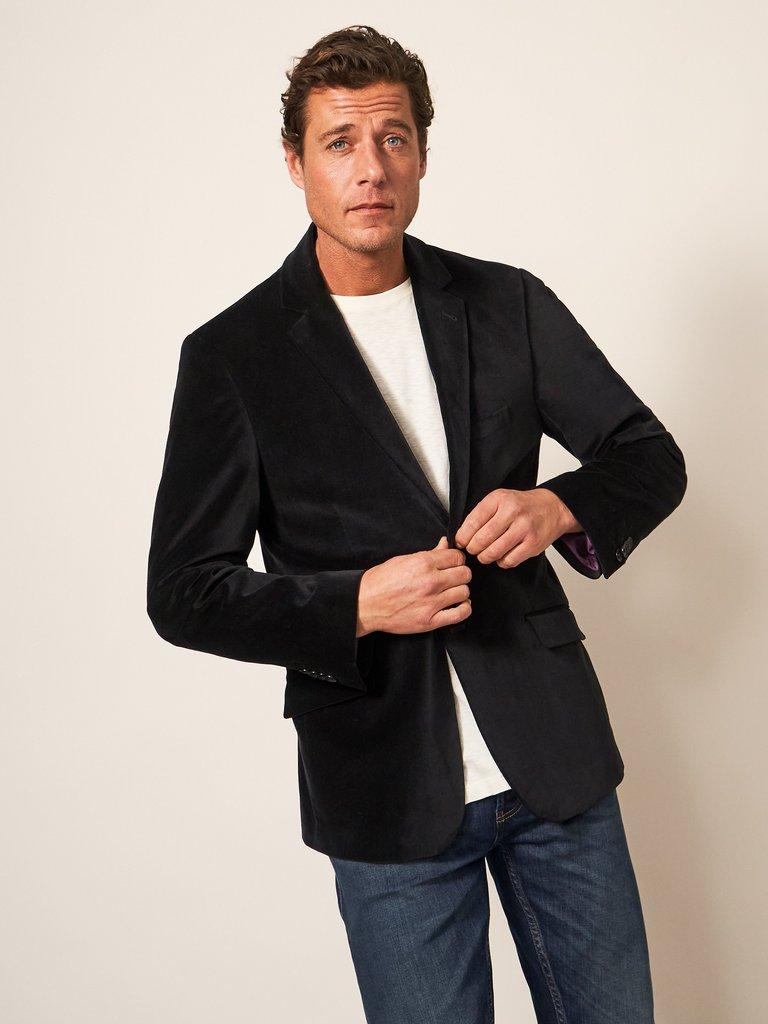 Black velvet shop blazer with jeans