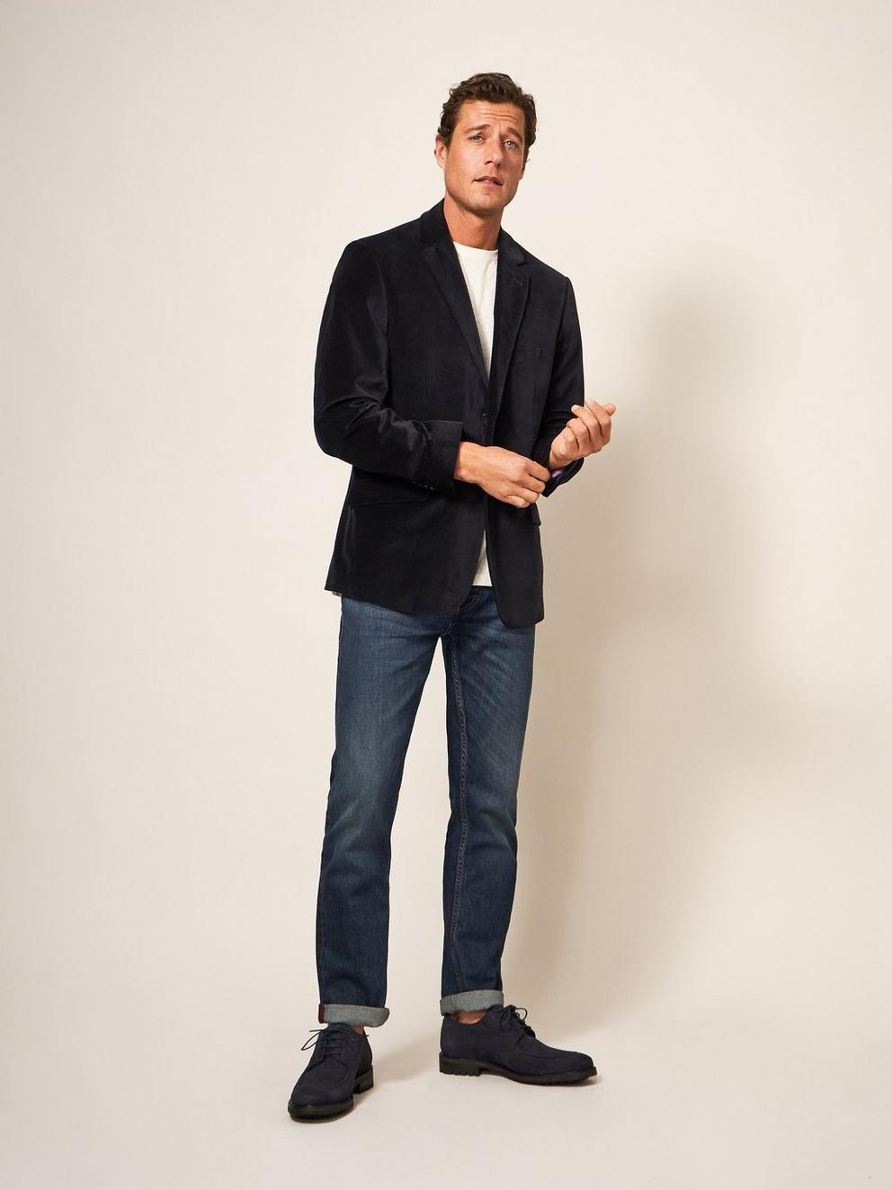 Mens Velvet Blazer in PURE BLK - MODEL FRONT