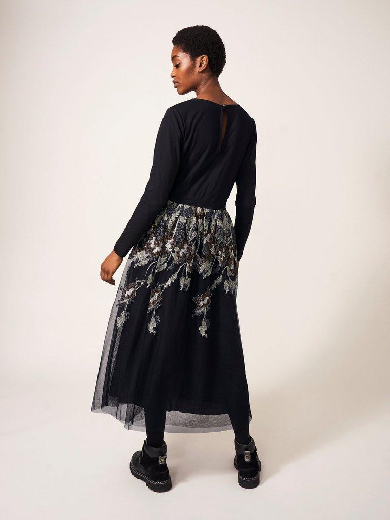 Embroidered Mesh Dress in BLK MLT - MODEL BACK