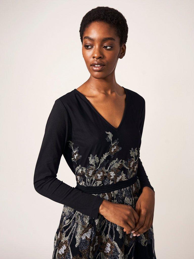 Embroidered Mesh Dress in BLK MLT - MODEL FRONT
