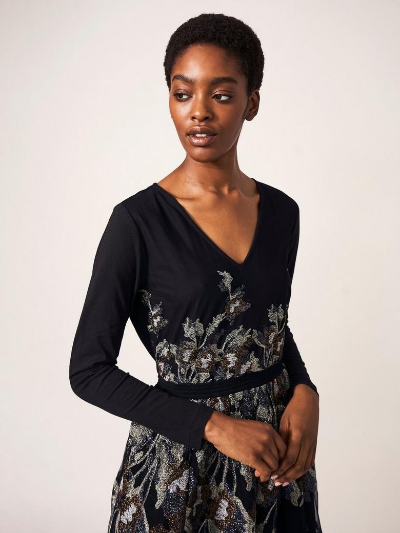 White Stuff Women s Embroidered Mesh Dress Casual Long Sleeve V Neck Midi Outfit eBay