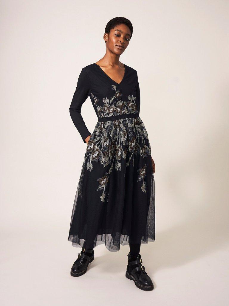 Black embroidered midi dress sale