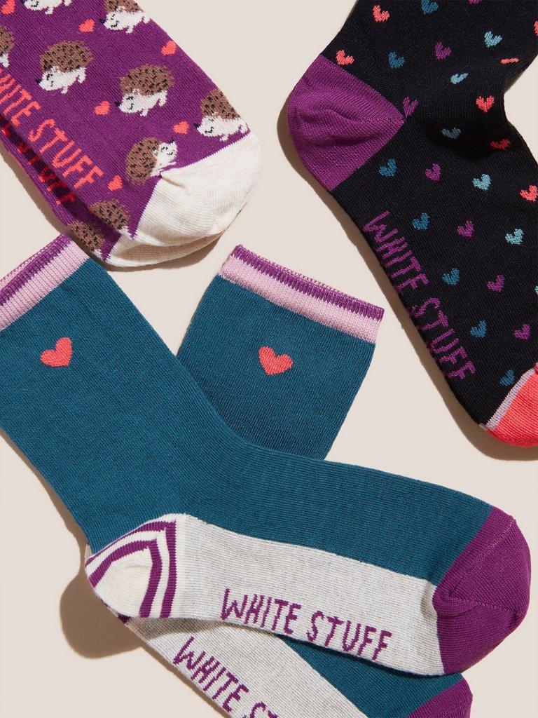 3 Pack Hedgehog Heart Socks in PINK MLT - FLAT DETAIL