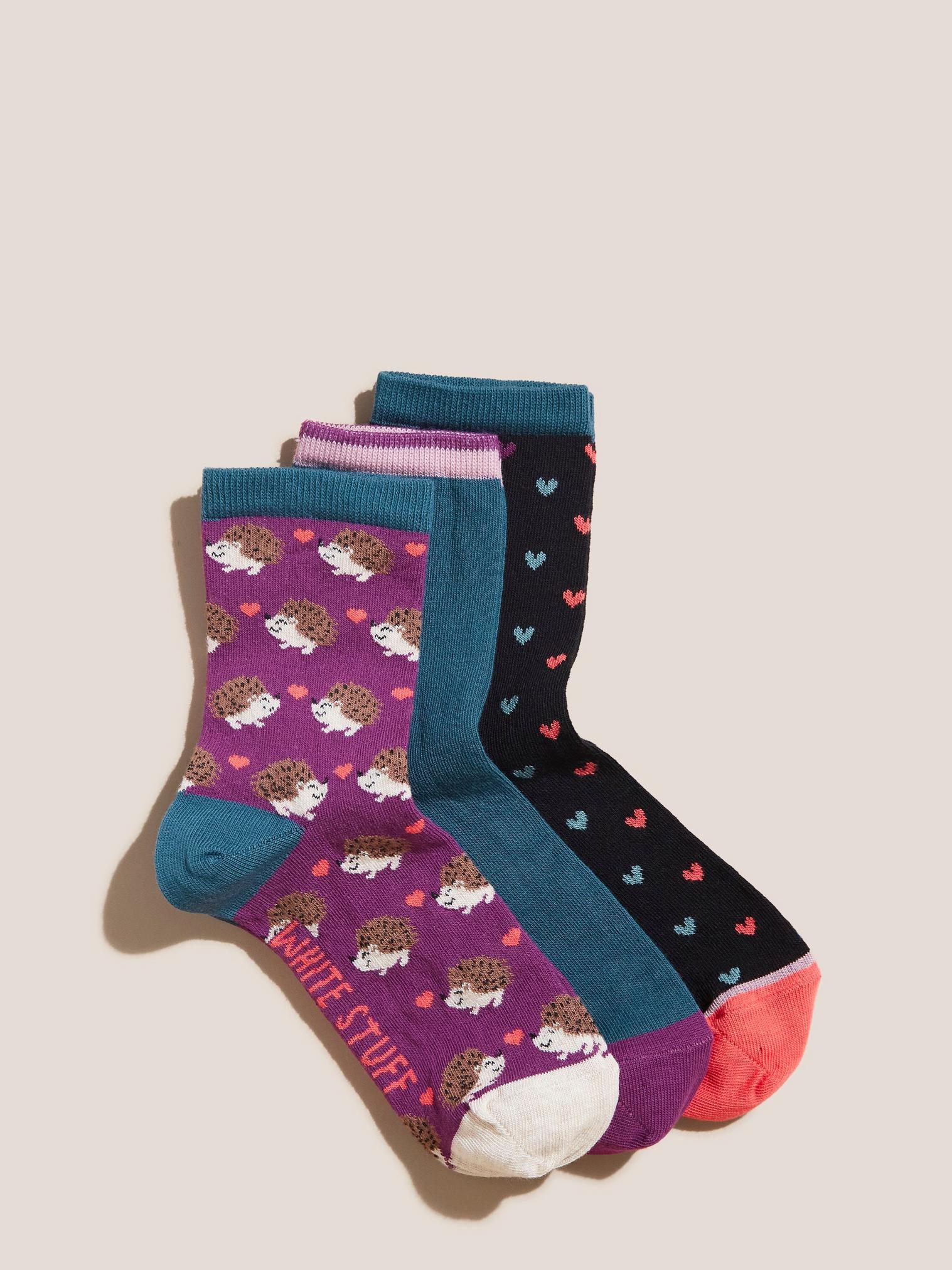 3 Pack Hedgehog Heart Socks in PINK MLT - FLAT FRONT
