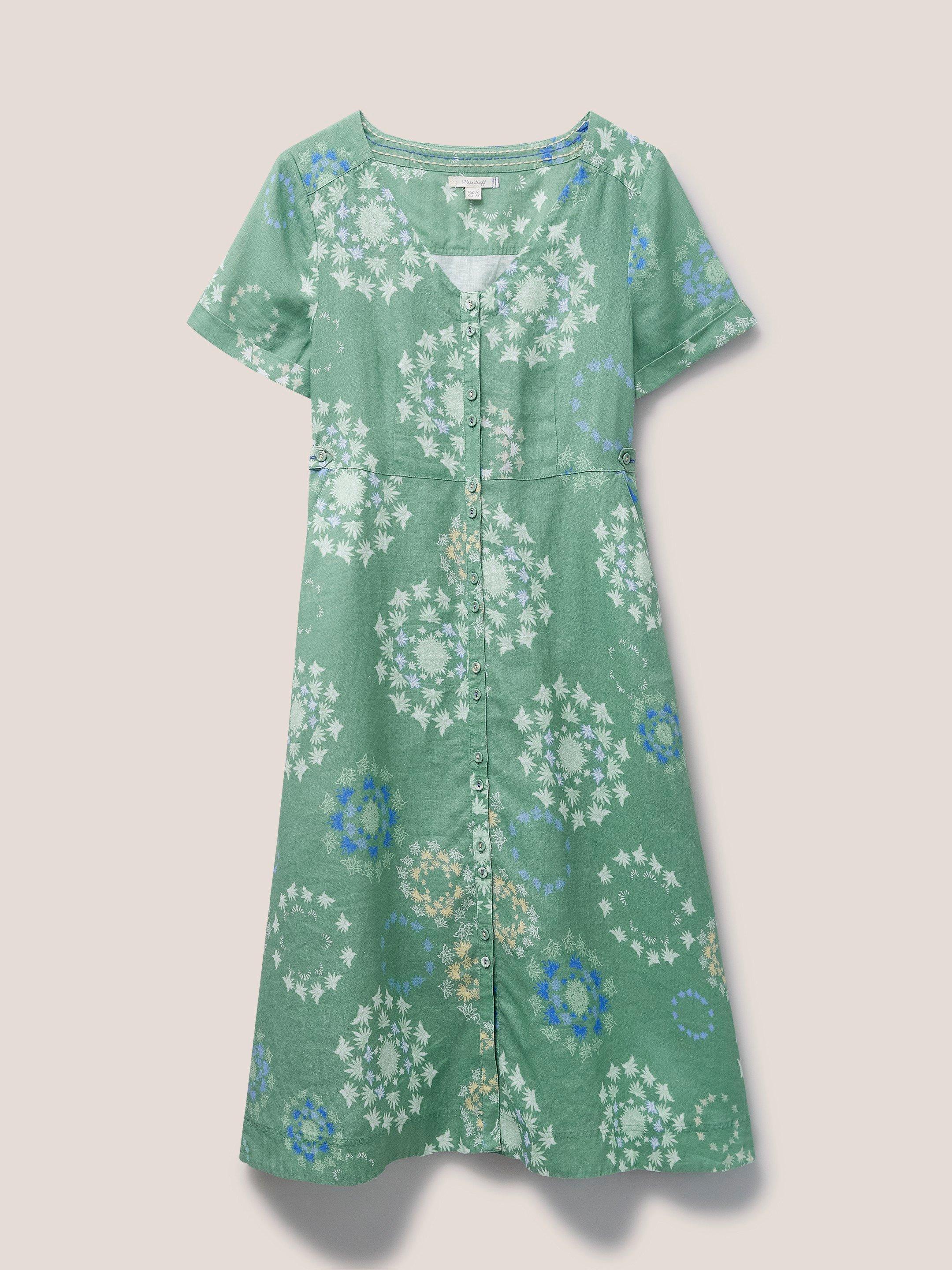 Ivy Linen Midi Short Sleeve Dress in GREEN PR - FLAT FRONT