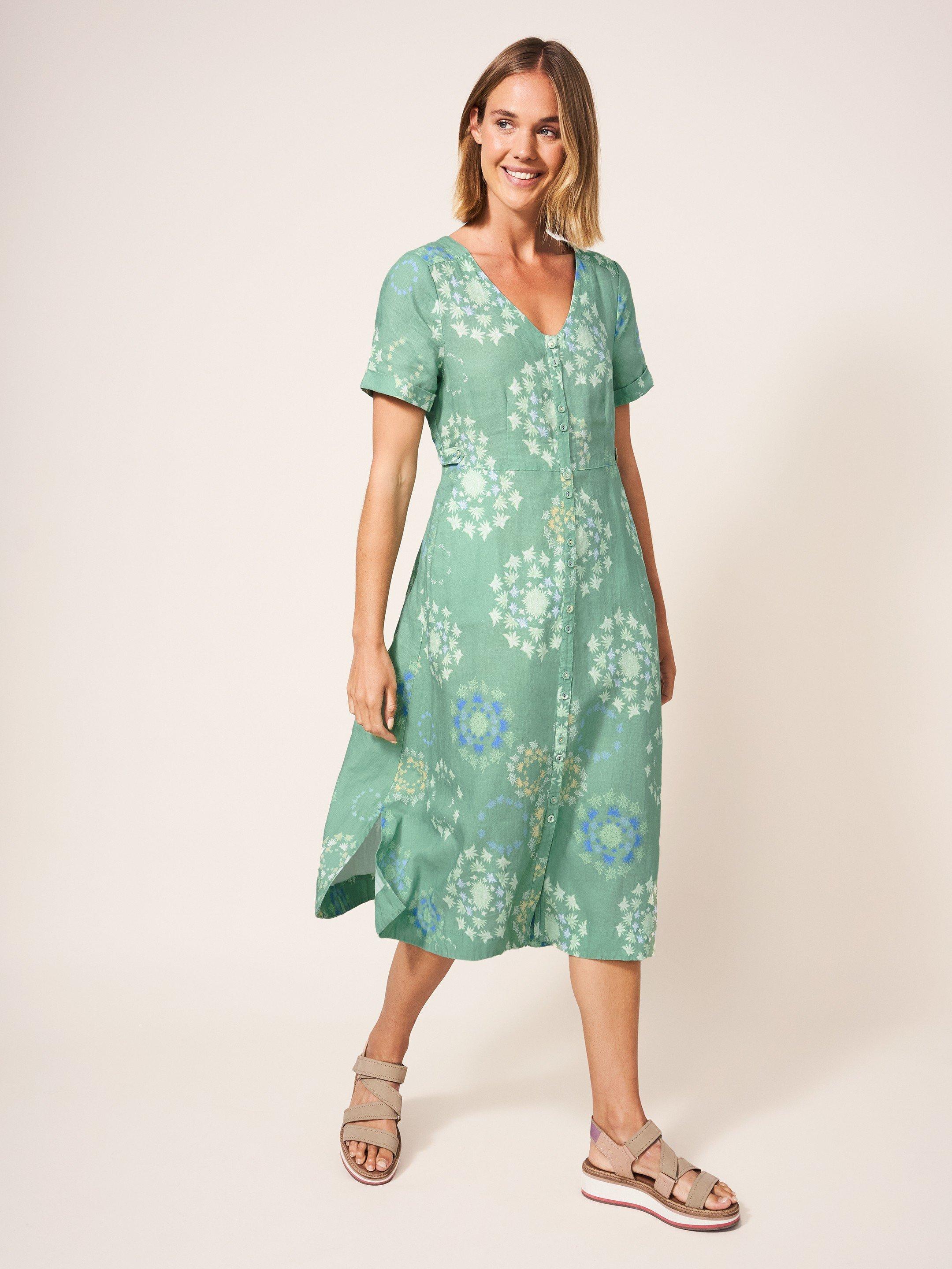 Ivy Linen Midi Short Sleeve Dress in GREEN PR - LIFESTYLE