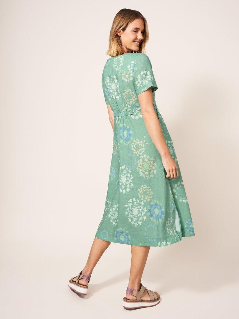 Ivy Linen Midi Short Sleeve Dress in GREEN PR - MODEL BACK