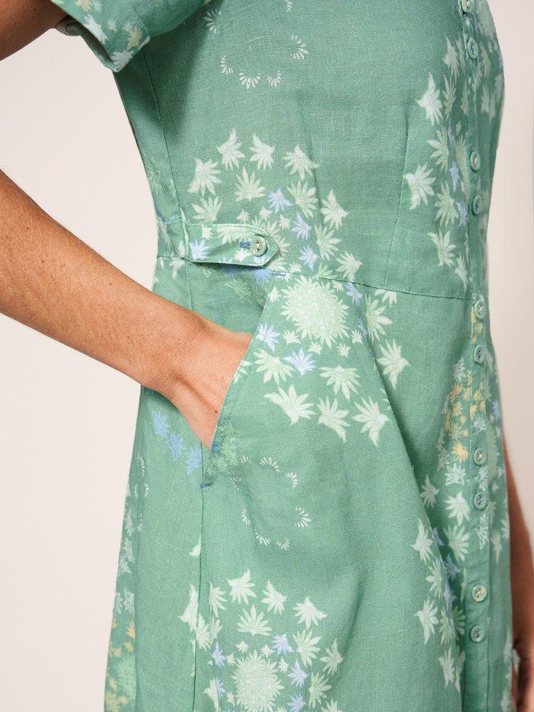 Ivy Linen Midi Short Sleeve Dress in GREEN PR - MODEL DETAIL
