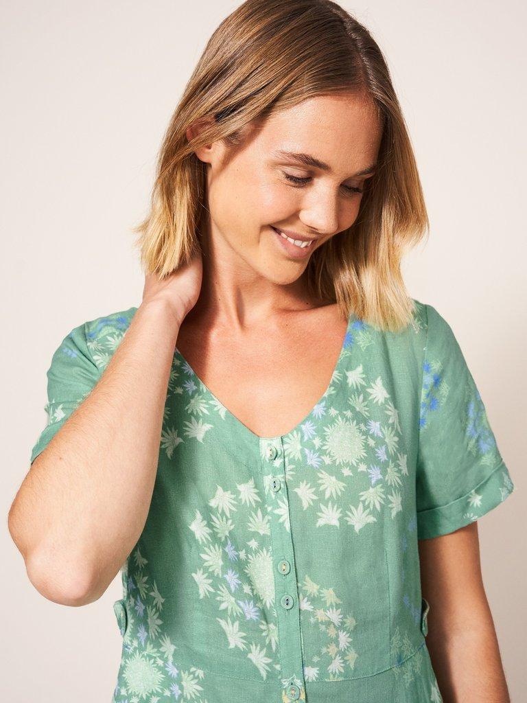 Ivy Linen Midi Short Sleeve Dress in GREEN PR - MODEL FRONT