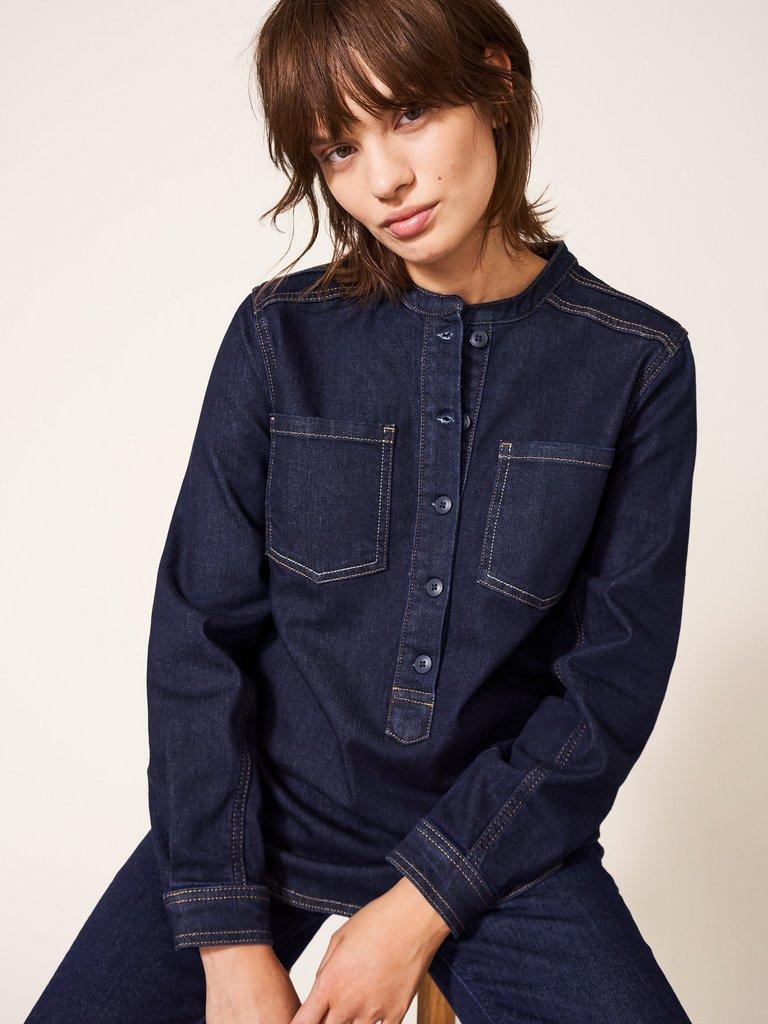 Collarless deals denim shirt