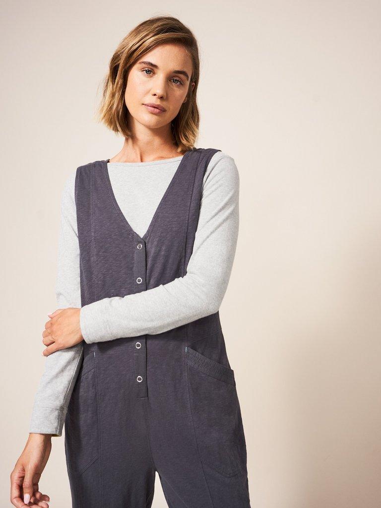 Isla Jersey Jumpsuit in CHARC GREY - MODEL FRONT