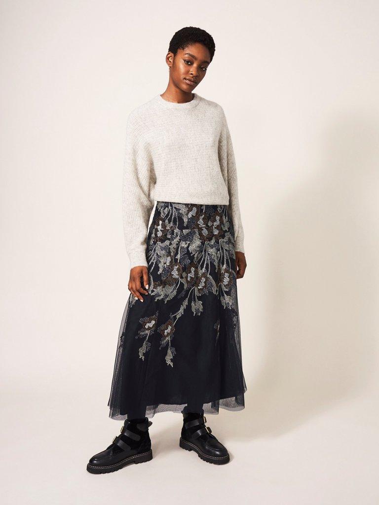 Embroidered Mesh Skirt in BLK MLT - MODEL FRONT