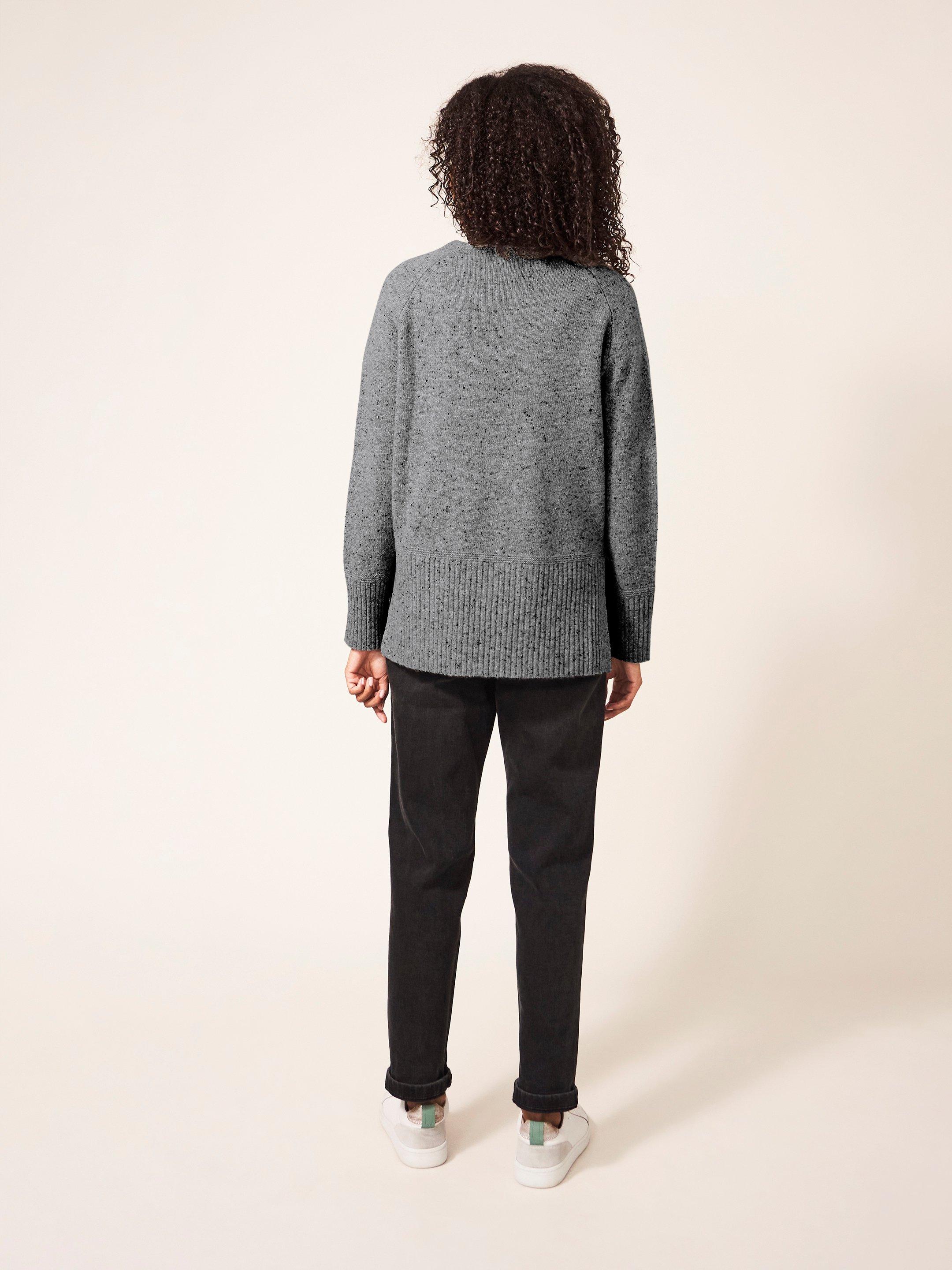 Valley V Neck Jumper in MID GREY - MODEL BACK