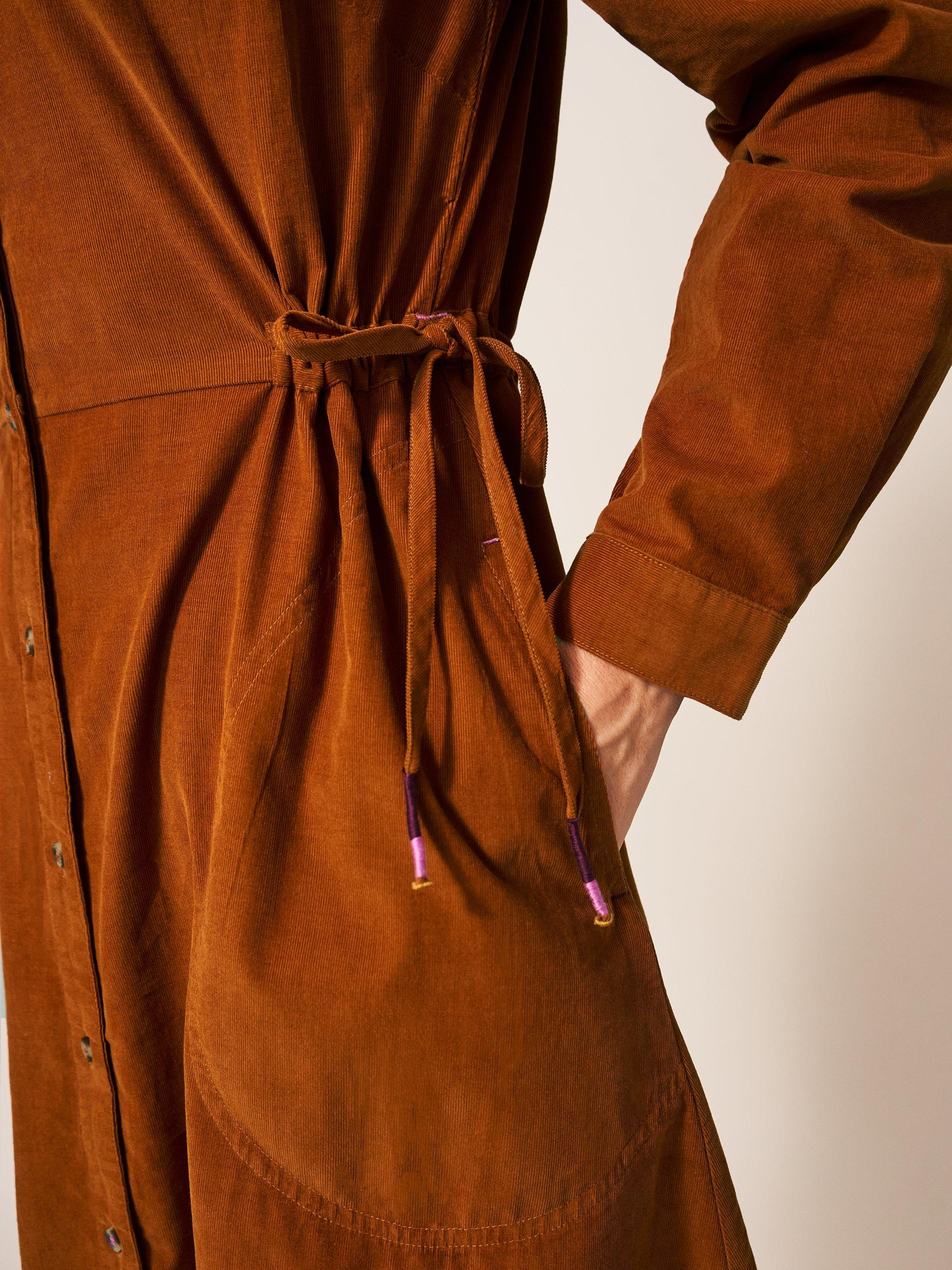Jade Cord Shirt Dress in DK ORANGE - MODEL DETAIL