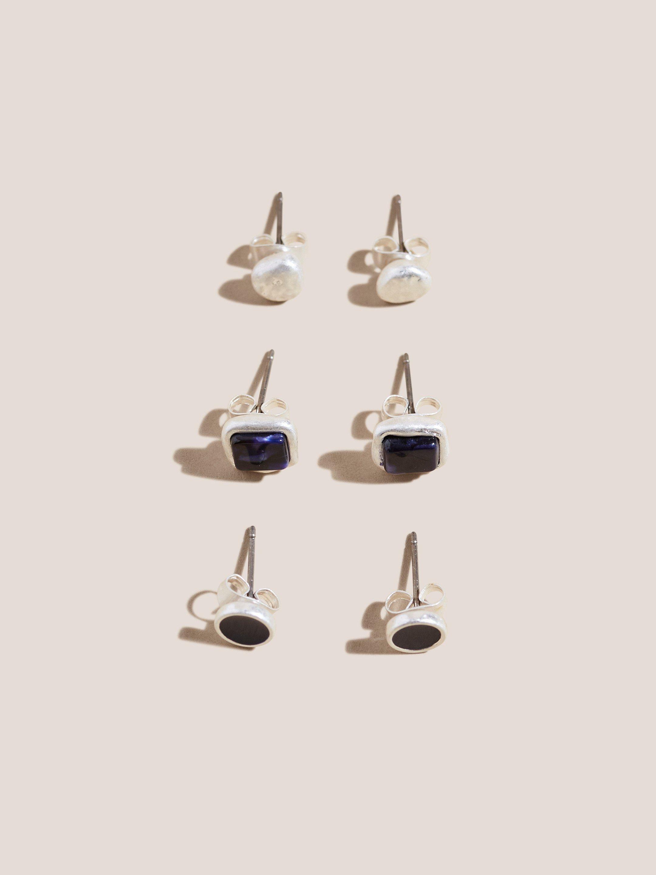 3 Pack Stud Earrings in MID BLUE - FLAT FRONT