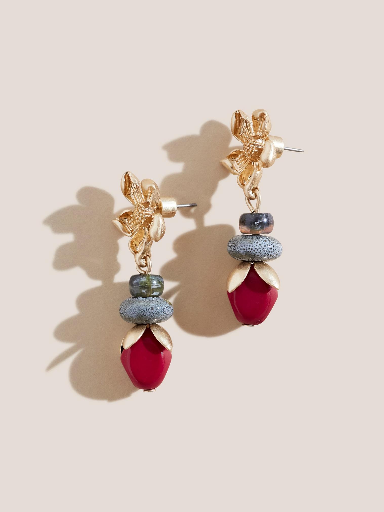 Floral Bead Earrings in RED MLT - FLAT FRONT