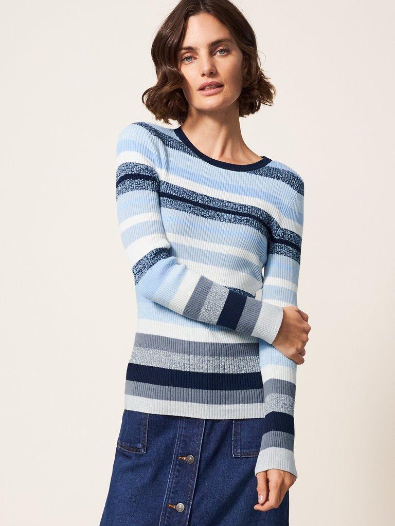 SKINNY RIBBED JUMPER in BLUE MLT - MODEL DETAIL