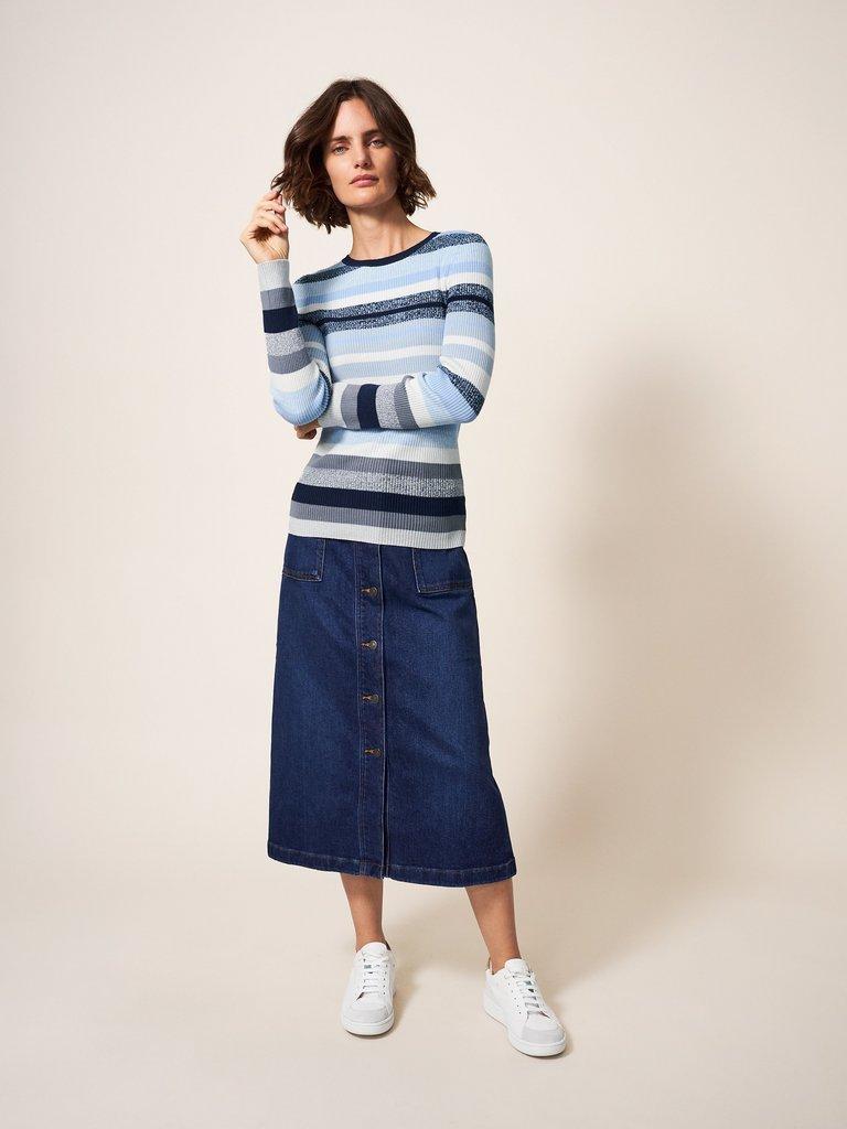 SKINNY RIBBED JUMPER in BLUE MLT - MODEL FRONT