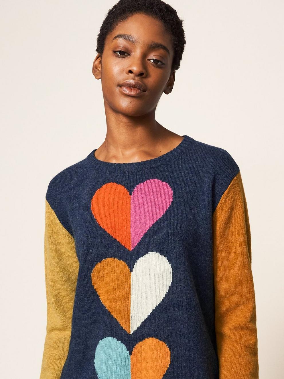 TRIPLE HEART JUMPER in NAVY MULTI - MODEL DETAIL