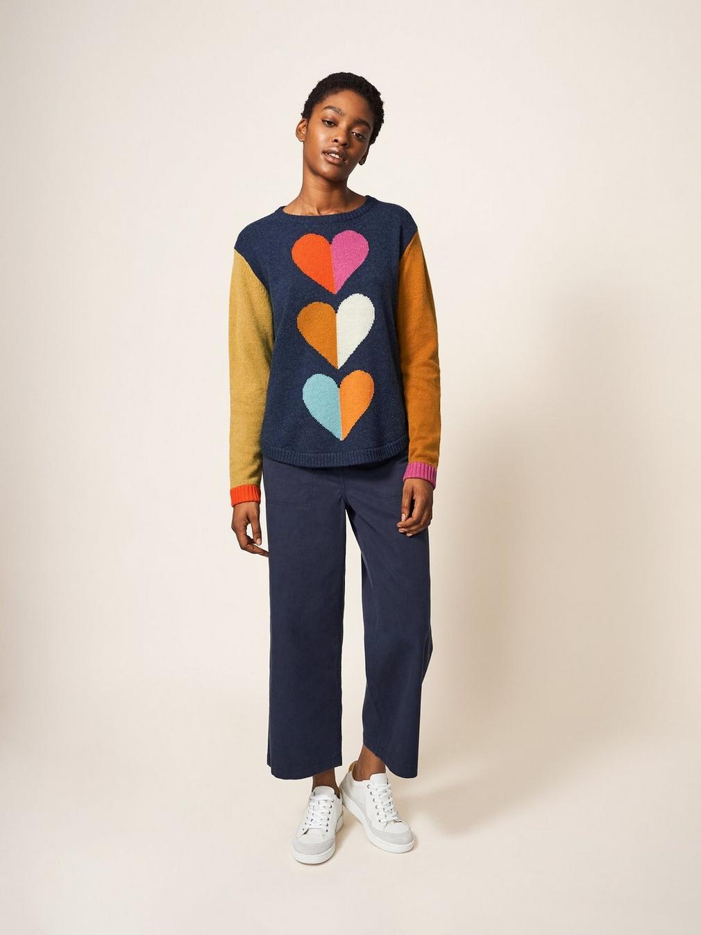 TRIPLE HEART JUMPER in NAVY MULTI - MODEL FRONT