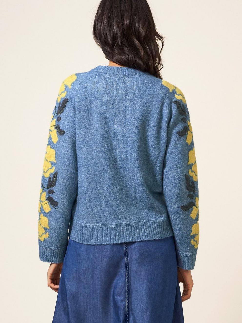 TRAILING FLORAL CARDI in MID TEAL - MODEL BACK