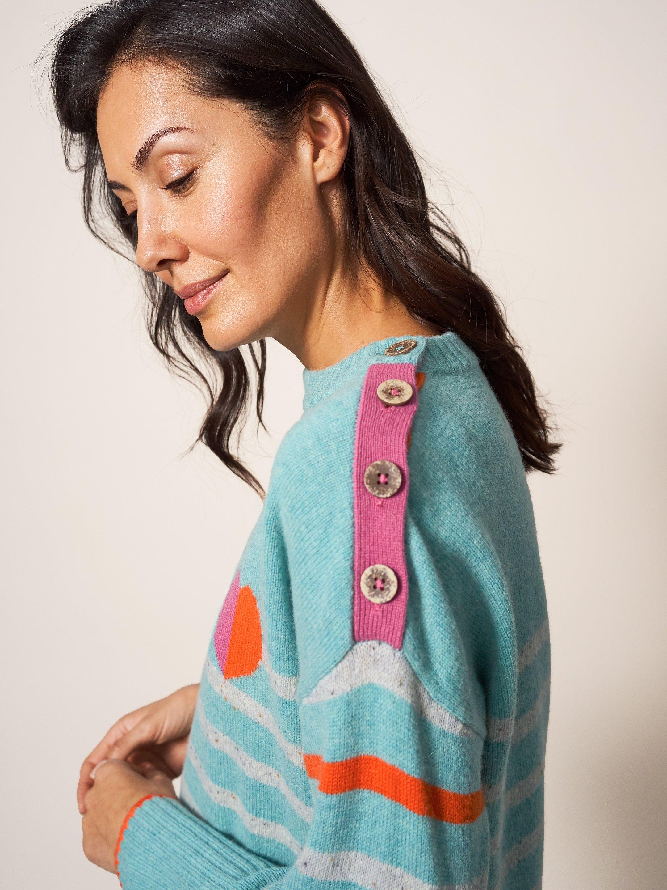 HEART AND STRIPE JUMPER in TEAL MLT - MODEL DETAIL