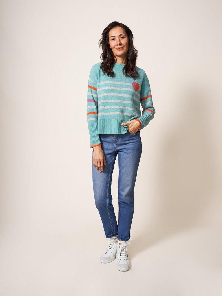 HEART AND STRIPE JUMPER in TEAL MLT - MODEL FRONT