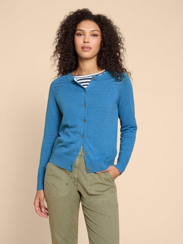 LULU CARDI in MID BLUE - MODEL FRONT