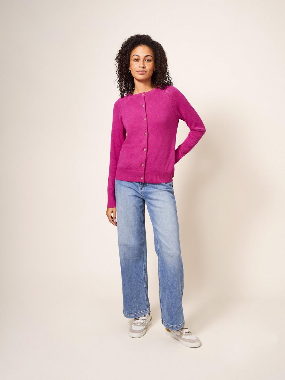 LULU CARDI in MID PINK - MODEL FRONT