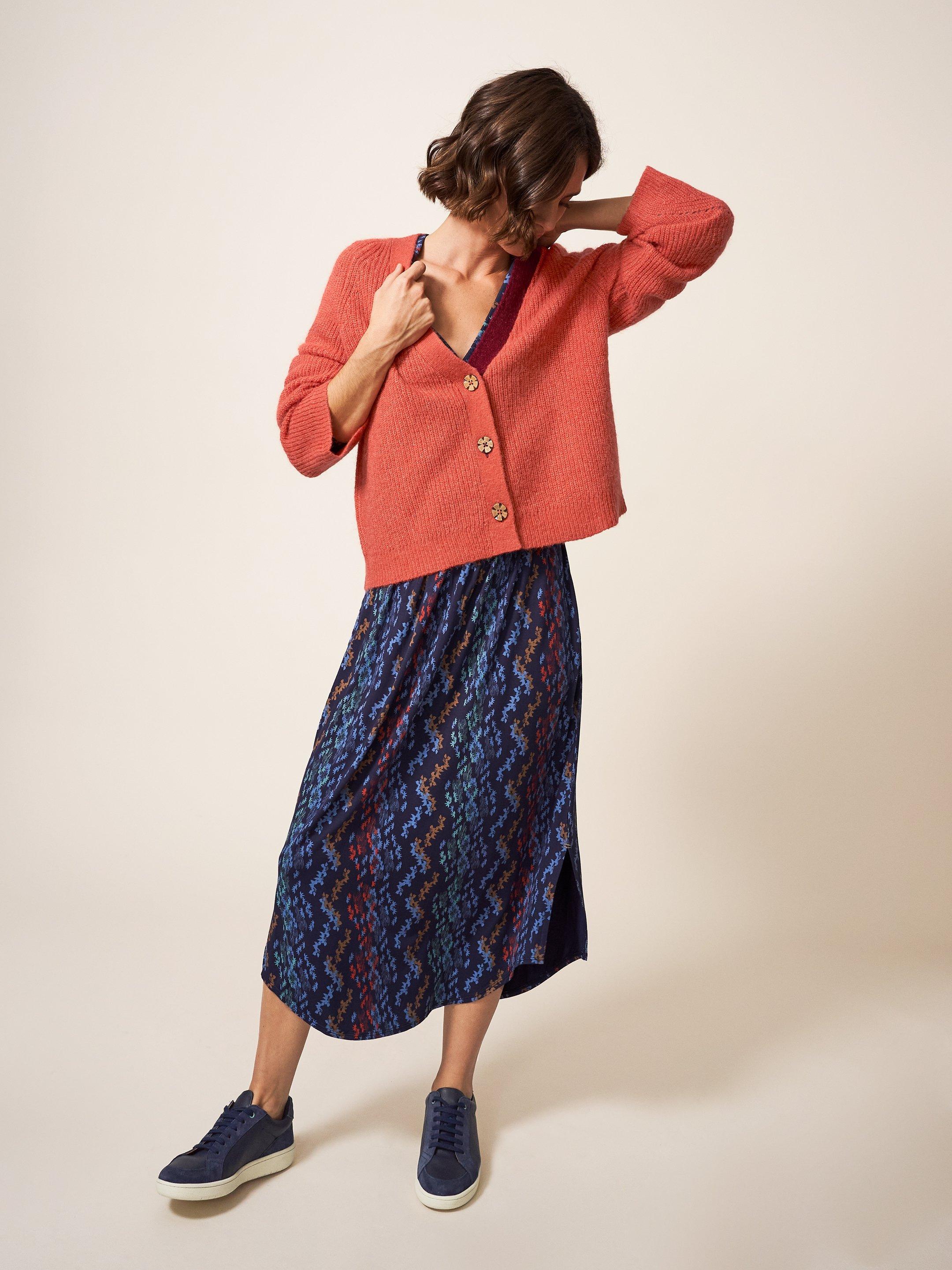 Dehlia Knitted Cardigan in MID ORANGE - MODEL FRONT
